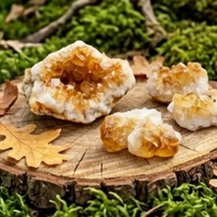 Citrine cluster on a wood slice